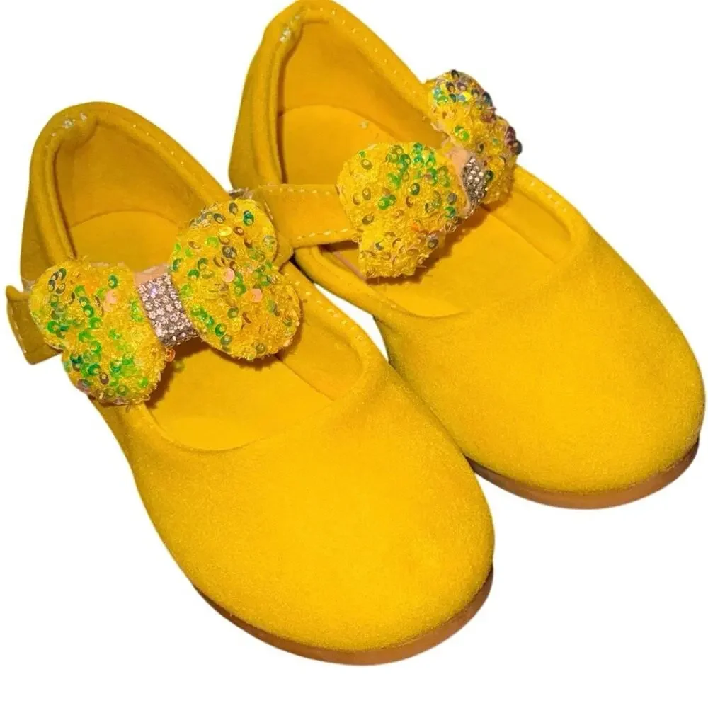 Neon Yellow Toddler Mary Jane Shoes Sequin Bow Girls Size 9C EU 26 Flats